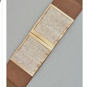 Tan Gold Rhinestone Stretch Elastic Waist Belt